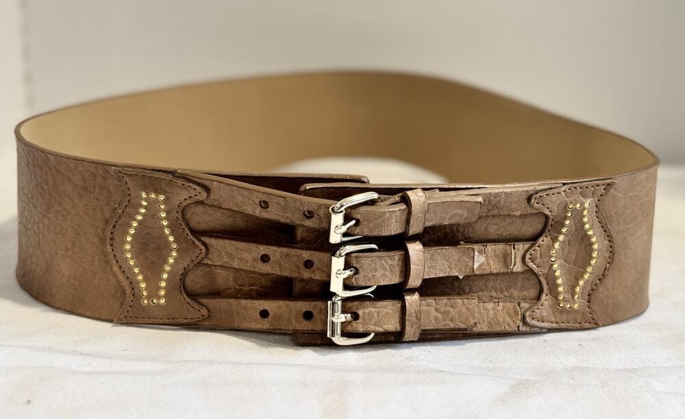 Jessica Simpson Beige Tan Western Textured Faux Leather Wide Waist Belt Sz Large